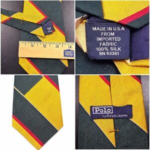 Polo Ralph Lauren Tie Mens Green Yellow Red Silk Striped USA Made Preppy Ivy
